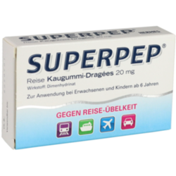 Verpackungsbild (Packshot) von SUPERPEP Reise Kaugummi Dragees 20 mg