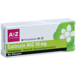 Verpackungsbild (Packshot) von CETIRIZIN AbZ 10 mg Filmtabletten