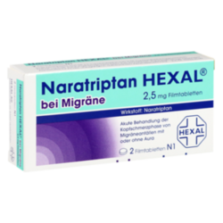 Verpackungsbild (Packshot) von NARATRIPTAN HEXAL bei Migräne 2,5 mg Filmtabletten