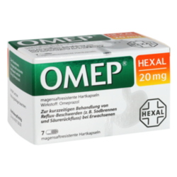 Verpackungsbild (Packshot) von OMEP HEXAL 20 mg magensaftresistente Hartkapseln