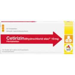 Verpackungsbild (Packshot) von CETIRIZINDIHYDROCHLORID elac 10 mg Filmtabletten