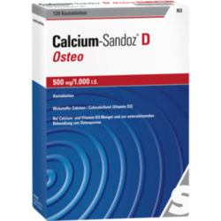 Verpackungsbild (Packshot) von CALCIUM SANDOZ D Osteo 500 mg/1.000 I.E. Kautabl.