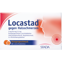Verpackungsbild (Packshot) von LOCASTAD gegen Halsschmerzen Orange Lutschtabl.