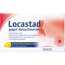 Verpackungsbild (Packshot) von LOCASTAD gegen Halsschmerzen Honig-Zitrone Lut.-T.