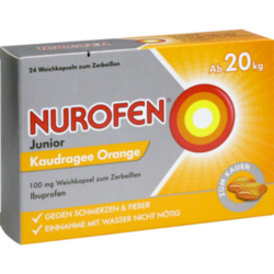 Verpackungsbild (Packshot) von NUROFEN Junior Kaudragee Orange 100 mg