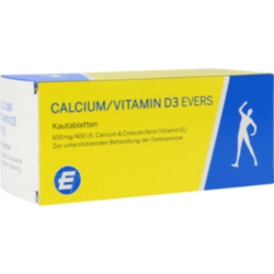 Verpackungsbild (Packshot) von CALCIUM/VITAMIN D3 Evers 600 mg/400 I.E Kautabl.