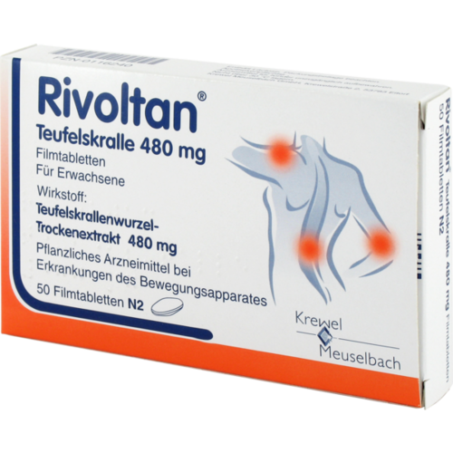 Verpackungsbild(Packshot) von RIVOLTAN Teufelskralle 480 mg Filmtabletten