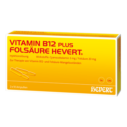 Verpackungsbild(Packshot) von VITAMIN B12 PLUS Folsäure Hevert a 2 ml Ampullen