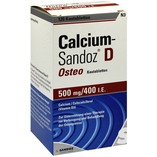 Verpackungsbild(Packshot) von CALCIUM SANDOZ D Osteo 500 mg/400 I.E. Kautabl.
