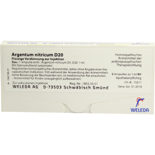 Verpackungsbild(Packshot) von ARGENTUM NITRICUM D 20 Ampullen