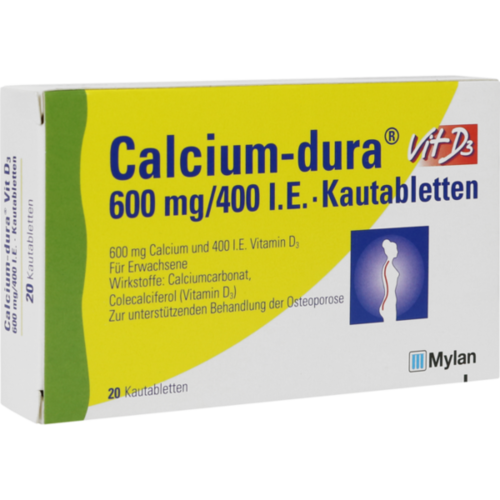 Verpackungsbild(Packshot) von CALCIUM DURA Vit D3 600 mg/400 I.E. Kautabletten