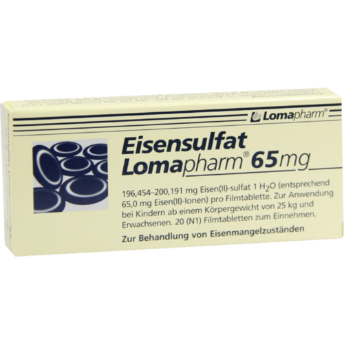 Verpackungsbild(Packshot) von EISENSULFAT Lomapharm 65 mg überzogene Tab.