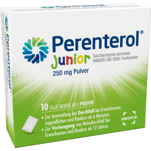 Verpackungsbild(Packshot) von PERENTEROL Junior 250 mg Pulver Btl.