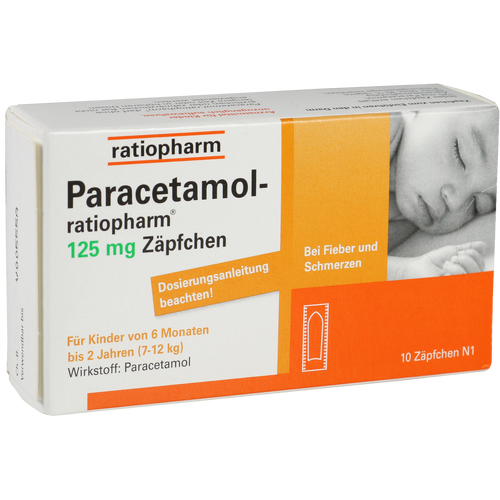 Verpackungsbild(Packshot) von PARACETAMOL-ratiopharm 125 mg Zäpfchen
