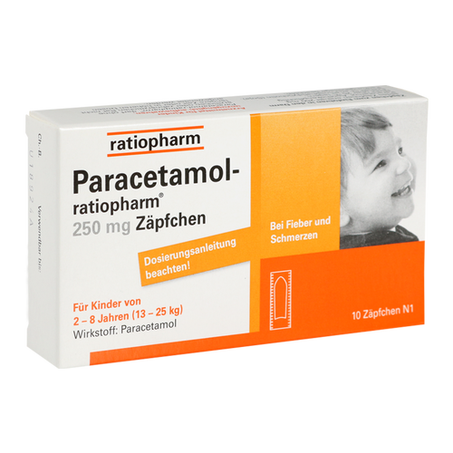 Verpackungsbild(Packshot) von PARACETAMOL-ratiopharm 250 mg Zäpfchen