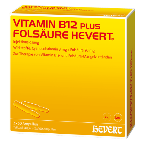 Verpackungsbild(Packshot) von VITAMIN B12 PLUS Folsäure Hevert a 2 ml Ampullen