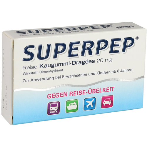 Verpackungsbild(Packshot) von SUPERPEP Reise Kaugummi Dragees 20 mg