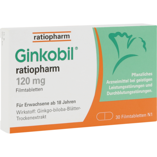 Verpackungsbild(Packshot) von GINKOBIL-ratiopharm 120 mg Filmtabletten