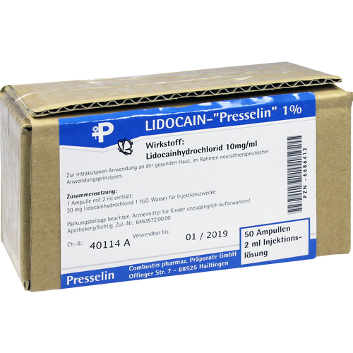 Verpackungsbild(Packshot) von LIDOCAIN Presselin 1% Injektionslösung Ampullen