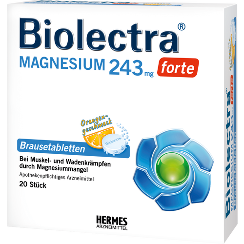 Verpackungsbild(Packshot) von BIOLECTRA Magnesium 243 mg forte Orange Brausetab.