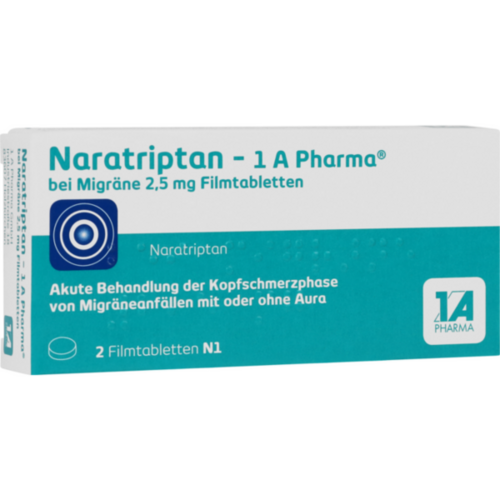 Verpackungsbild(Packshot) von NARATRIPTAN-1A Pharma bei Migräne 2,5 mg Filmtabl.