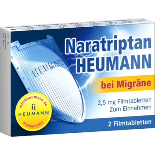 Verpackungsbild(Packshot) von NARATRIPTAN Heumann bei Migräne 2,5 mg Filmtabl.