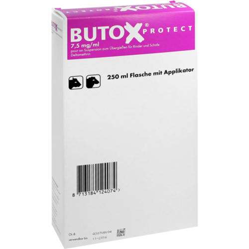 Verpackungsbild(Packshot) von BUTOX Protect 7,5mg/ml pour on Sus.z.Überg.Ri+Sch.