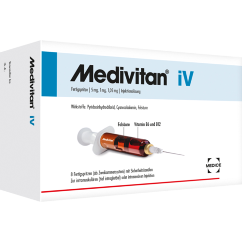 Verpackungsbild(Packshot) von MEDIVITAN iV Injektionslösung in Zweikammerspritze