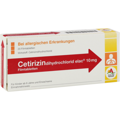 Verpackungsbild(Packshot) von CETIRIZINDIHYDROCHLORID elac 10 mg Filmtabletten