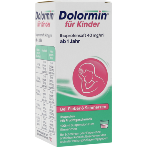 Verpackungsbild(Packshot) von DOLORMIN für Kinder Ibuprofensaft 40 mg/ml Susp.