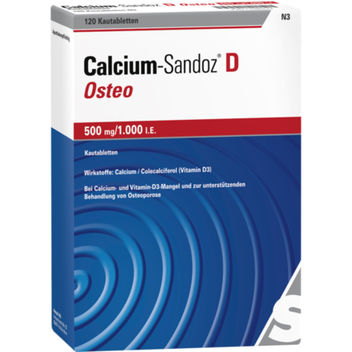 Verpackungsbild(Packshot) von CALCIUM SANDOZ D Osteo 500 mg/1.000 I.E. Kautabl.