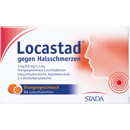 Verpackungsbild(Packshot) von LOCASTAD gegen Halsschmerzen Orange Lutschtabl.
