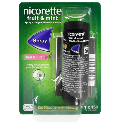 Verpackungsbild(Packshot) von NICORETTE Fruit & Mint Spray 1 mg/Sprühstoß