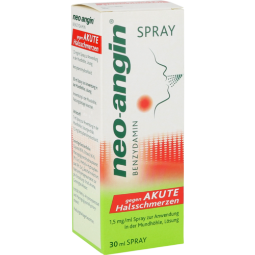 Verpackungsbild(Packshot) von NEO-ANGIN Benzydamin Spray gegen akute Halsschmer.