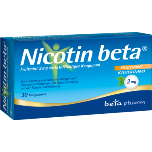 Verpackungsbild(Packshot) von NICOTIN beta Fruitmint 2 mg wirkstoffhalt.Kaugummi