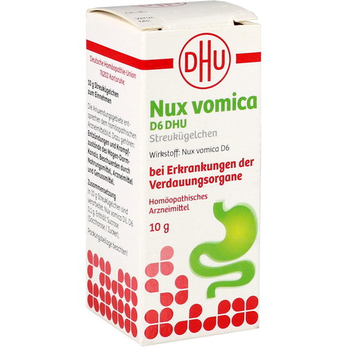 Verpackungsbild(Packshot) von NUX VOMICA D 6 DHU Glob.bei Erkr.d.Verdauungsorg.