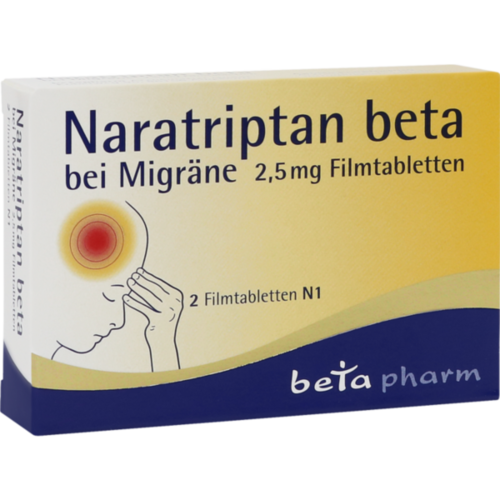 Verpackungsbild(Packshot) von NARATRIPTAN beta bei Migräne 2,5 mg Filmtabletten