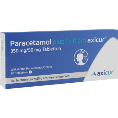 Verpackungsbild(Packshot) von PARACETAMOL plus Coffein axicur 350 mg/50 mg Tabl.