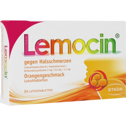 Verpackungsbild(Packshot) von LEMOCIN gegen Halsschmerzen Orangengeschmack Lut.